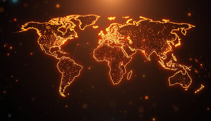 Glowing Qubit Network on World Map – Isometric Cyber Style with Spark Effects (8K for Global Tech & AI Visuals)