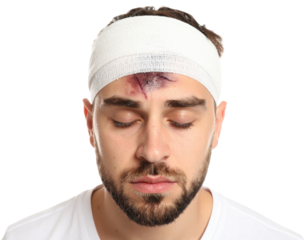 a man with head bandage and facial bruising showing injury recovery and medical treatment