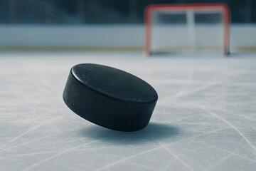 Hockey Puck Sliding Across the Ice Toward Goal