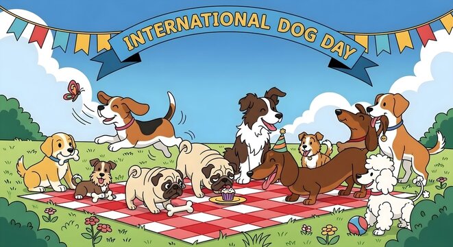 International Dog Day celebration with diverse cartoon dogs
