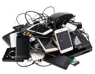 Pile of broken damaged old smartphones tablets and electronic devices with cracked screens and tangled cables representing e-waste technology disposal recycling concept