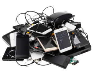 Pile of broken damaged old smartphones tablets and electronic devices with cracked screens and tangled cables representing e-waste technology disposal recycling concept