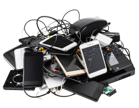 Pile of broken damaged old smartphones tablets and electronic devices with cracked screens and tangled cables representing e-waste technology disposal recycling concept