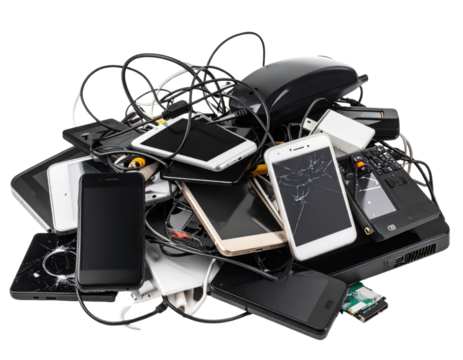 Pile of broken damaged old smartphones tablets and electronic devices with cracked screens and tangled cables representing e-waste technology disposal recycling concept