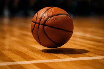 Obraz premium Basketball Bouncing on Court with Shadow and Texture Visible