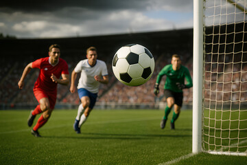 Obraz premium Intense Soccer Pursuit Toward Goal with Players and Goalie