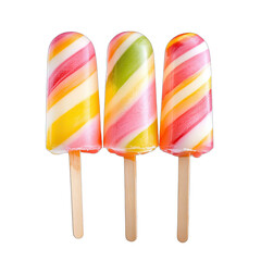 Three vibrant swirl popsicles, pink, yellow, green, and white, on wooden sticks, arranged closely together against a black background