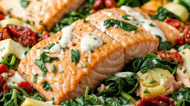 Delicious salmon with roasted potatoes, spinach, and sun dried tomatoes, topped with creamy garlic sauce.