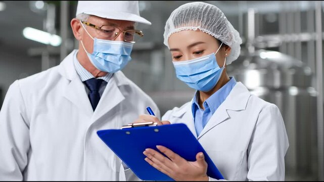 Inspectors evaluate food safety standards in a processing facility
