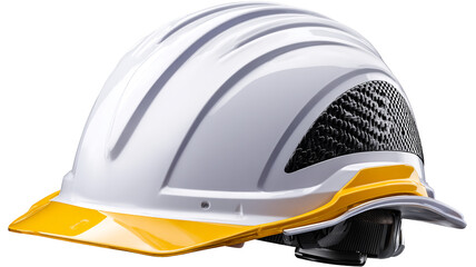 Fototapeta premium White hard hat with yellow brim black carbon fiber detail isolate safety helmet