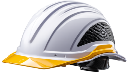 White hard hat with yellow brim black carbon fiber detail isolate safety helmet