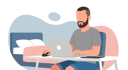 A faceless man with a beard is working on a laptop at home, sitting at a desk with a bed in the background in a modern, stylized illustration.