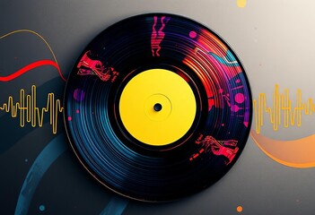 Abstract vinyl record design with dynamic sound wave patterns representing a rap verse,  vibrant,  curves