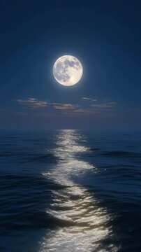 Full Moon Reflection on Calm Ocean Surface at Night
