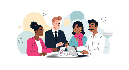 Diverse group of business professionals collaborates around a laptop, sharing ideas and strategies in a modern, stylized office setting with speech bubbles.