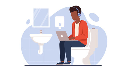 A digitally illustrated scene depicts a person wearing headphones working on a laptop while seated on a toilet in a bathroom, showcasing modern work habits.