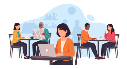 Diverse individuals engage in various activities, from remote work on a laptop to leisurely reading and social interaction, within a vibrant cafe setting.
