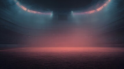 Empty stadium arena illuminated by spotlights.