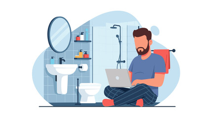 Bearded man working on a laptop in a modern bathroom, sitting on the floor near the toilet and sink.