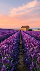 Obraz premium Sunset over Provence Lavender Field with Farmhouse