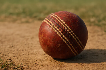 Worn Red Cricket Ball Resting on a Dusty Pitch During a Sunny Afternoon Match
