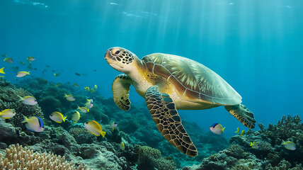 Majestic Sea Turtle Gliding Gracefully Through Turquoise Waters Among Vibrant Coral Reefs and Schools of Colorful Fish A Breathtaking Underwater Scene