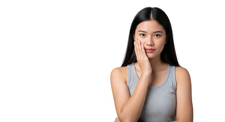 Young Asian Woman Holding Her Cheek with a Concerned Expression, Isolated on White Background