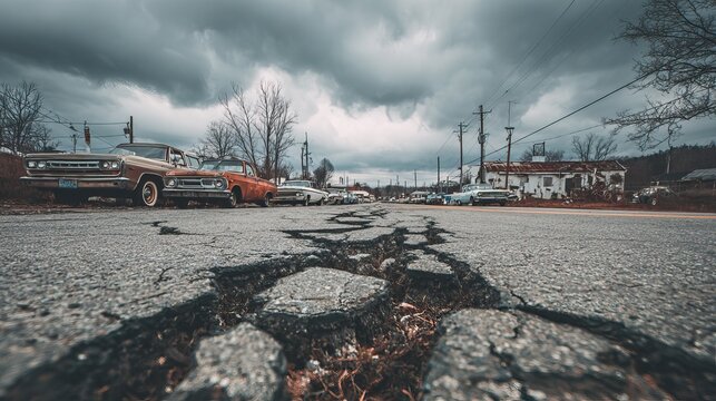 Cracked roads with damaged vehicles and buildings after earthquake in abandoned town, AI generated image - Powered by Adobe