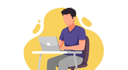 A young man is diligently working on his laptop at a desk, depicted in a modern flat vector illustration style against a simple abstract background.