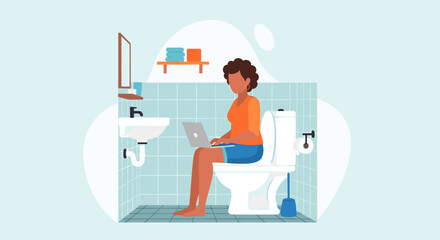 A young woman is depicted sitting on a toilet in her bathroom, diligently working on a laptop, illustrating remote work flexibility.