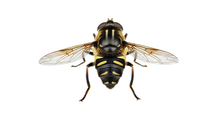 Close-up top view of a striped hoverfly with translucent wings against a white background