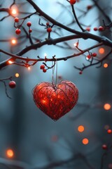 Heart-shaped decoration on a branch, soft focus, bokeh