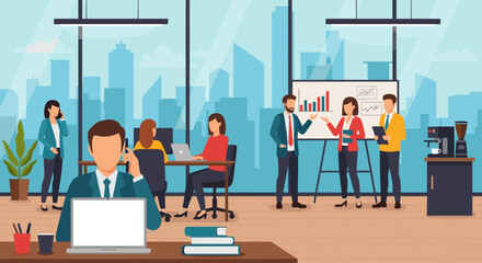 Business professionals are actively collaborating and working in a modern office environment with a city skyline view, depicted in a vibrant illustration.