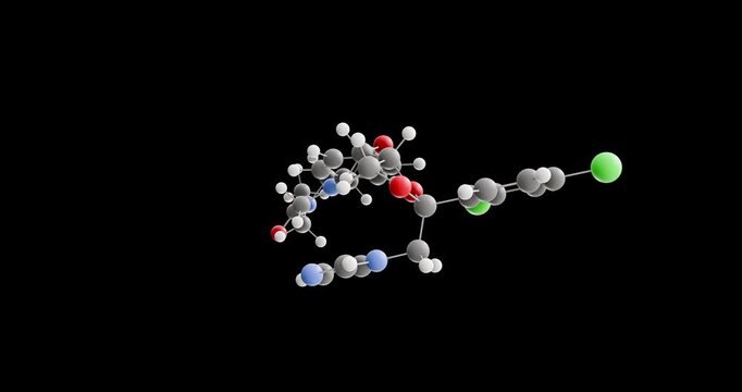 Ketoconazole molecule, rotating 3D model of antifungal, looped video on a black background
