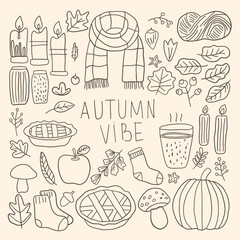 Autumn season line doodle set with cute icons: scarf, candles, apple, pie, socks, and pumpkin. Great for seasonal design kits, invites, social media ,prints, and greeting cards. Vector illustration