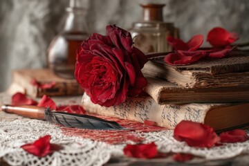 A deep red rose rests on antique books with a quill pen and scattered petals