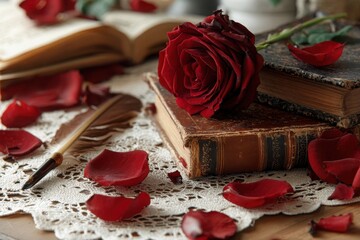 A single deep red rose rests on antique books surrounded by scattered rose petals and a quill pen
