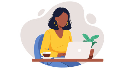 A woman working on a laptop at a desk with a coffee cup and a plant, representing modern remote work and productivity.