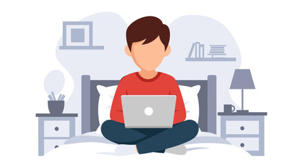 Fototapeta premium A faceless young man sits cross-legged on his bed, working on a laptop, depicting remote work, freelancing, or online education in a modern setting.