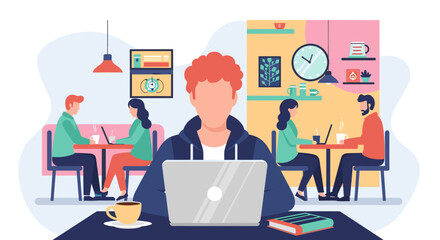Young man works on laptop in a busy cafe, surrounded by other people using laptops and enjoying coffee, showcasing a modern work and social environment.