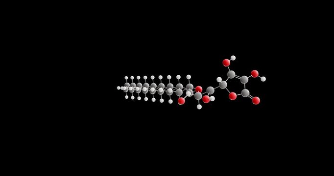 Ascorbyl stearate molecule, rotating 3D model of e305, looped video on a black background
