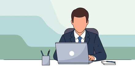 A professional businessman in a suit sits at a desk, diligently working on his laptop in a modern office setting, depicted as a flat vector illustration.