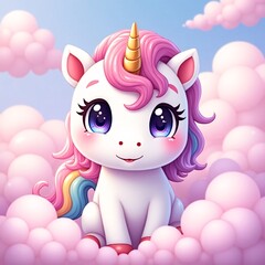 Naklejka premium Cute unicorn in pink clouds