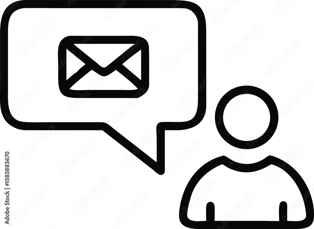 Poster person with message bubble and email outline icon for ui design