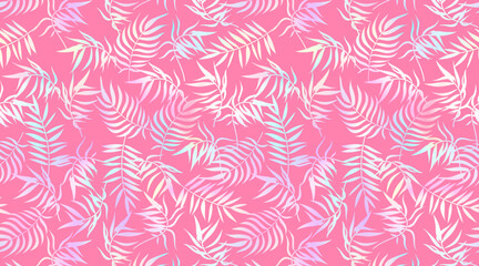 Vector tropical palm leaf pattern background. Trendy summer holographic texture, foil gradient palm leaves print on pink background for wrapping, decor, wallpapers, natural product cover, backdrop.