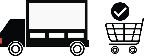 ecommerce delivery and checkout icons, black and white flat truck and shopping cart with check mark vector symbols for online store, shipping, and purchase interface