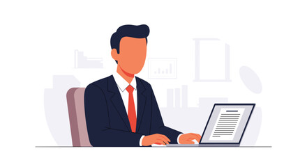 A professional businessman in a suit works diligently on a laptop in a modern office, symbolizing productivity and corporate success.