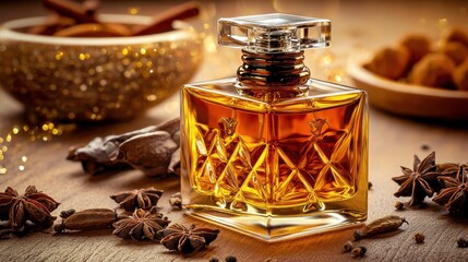 Amber perfume bottle surrounded by spices