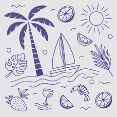 Cute and playful hand-drawn summer pattern with boats, cocktails, coconuts, and palm leaves. Seamless tropical vacation elements for creative branding, packaging, and digital illustration.

