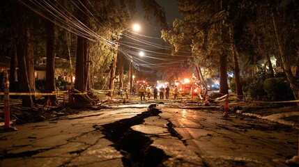 Rescue workers are checking the broken streets after a big earthquake. AI generated image
